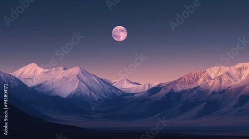 A tranquil scene of the moon rising over distant mountains, casting a gentle light on the peaks and valleys, embodying the stillness of nightfall.