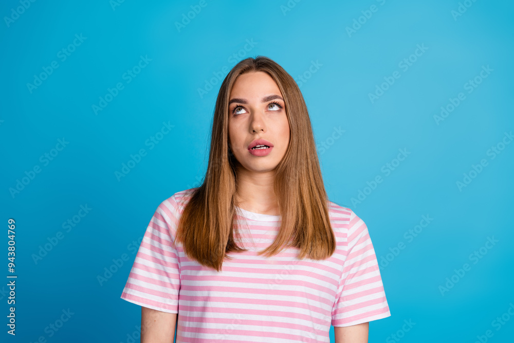 Photo of stressed depressed cute woman wear trendy pink clothes look empty space isolated on blue color background