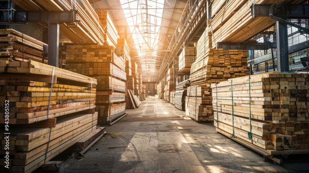 A warehouse in a sawmill or carpenter's shop is filled with rows of wooden planks. Building material. Drying of untreated wood in a lumber yard. Woodworking industry. Illustration for varied design A warehouse in a sawmill or carpenter's shop is filled with rows of wooden planks. Building material. Drying of untreated wood in a lumber yard. Woodworking industry. Illustration for varied design