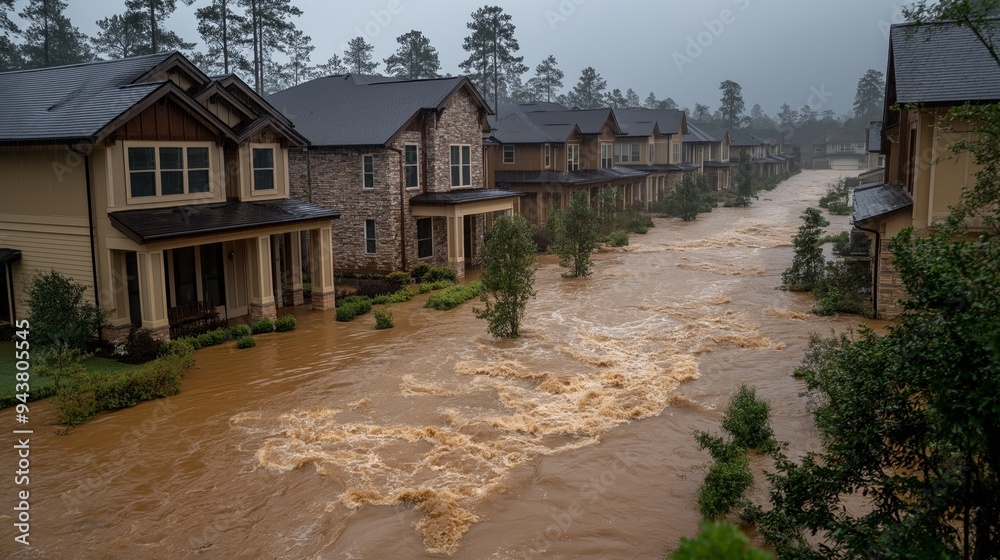  flooding high level water disaster in European rural countryside town
