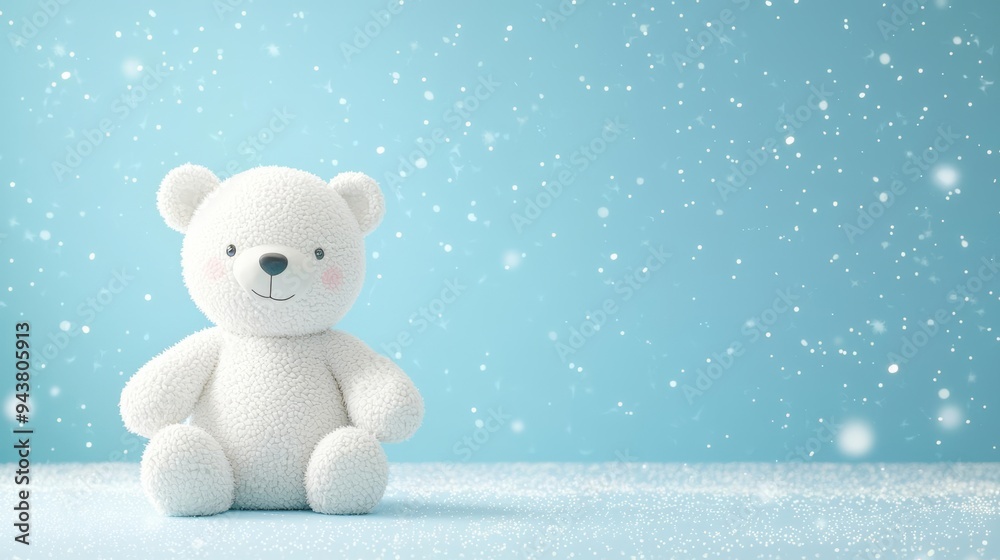A cute white teddy bear sitting on a soft surface, surrounded by falling snowflakes against a serene blue background.