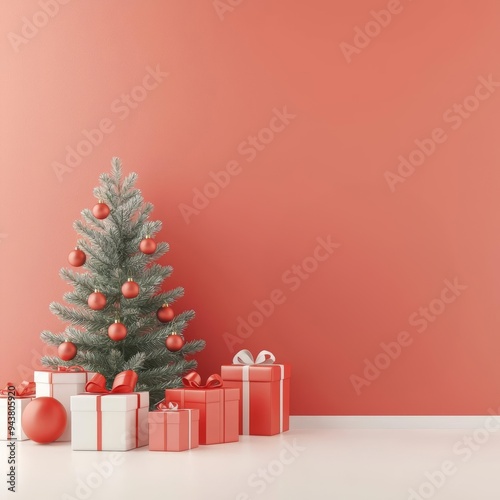 A festive Christmas scene features a beautifully decorated tree and colorful presents against a warm coral backdrop.