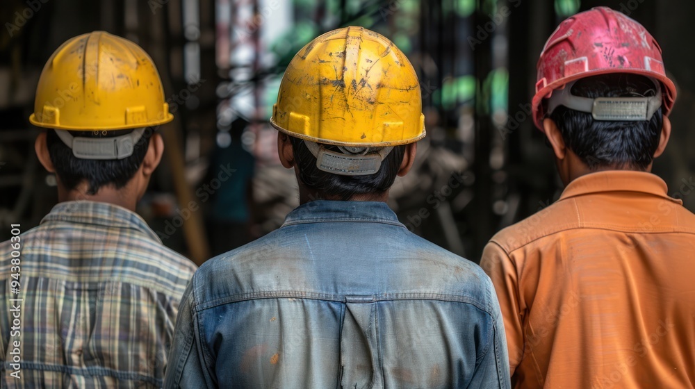 Back view of three men wearing safety helmets Back view of three men wearing safety helmets
