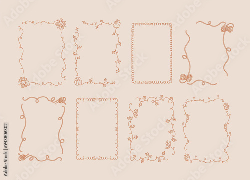 Collection of eight decorative whimsical autumn frames in line art style on a light background. Fall wedding, party, thanksgiving invitation. A4 card size. Vector hand drawn graphic set