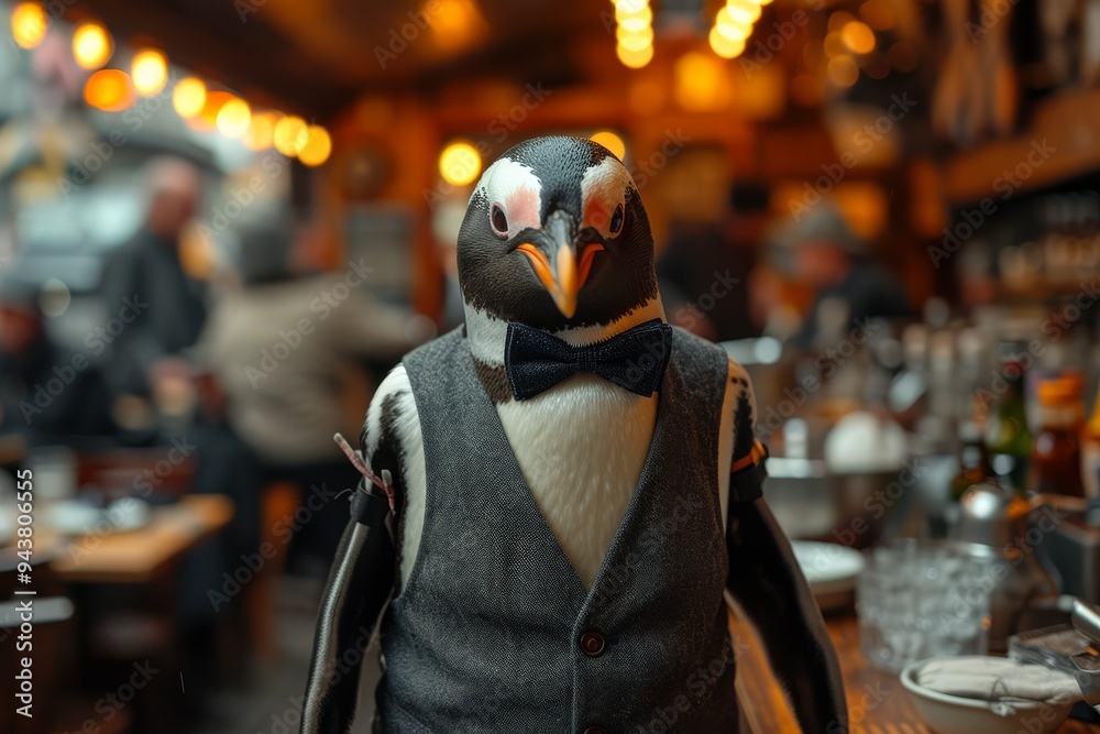 A penguin dressed in a sophisticated suit and bow tie, standing gracefully A penguin dressed in a sophisticated suit and bow tie, standing gracefully