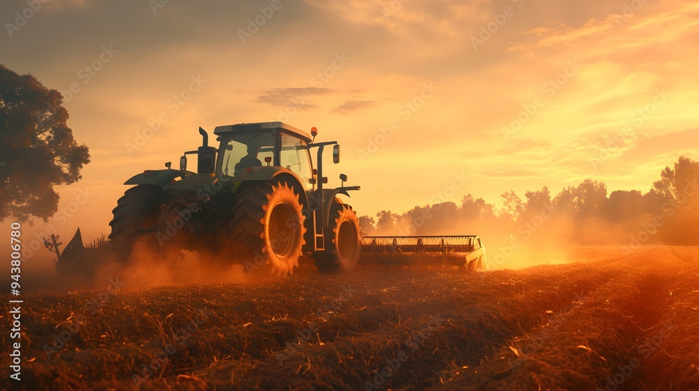 Tractor plowing a field at sunset, casting a warm glow on the landscape. Tractor plowing a field at sunset, casting a warm glow on the landscape.