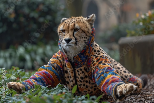 A cheetah in vibrant athletic gear, a colorful sweater, is lying down on the ground, displaying relaxation photo