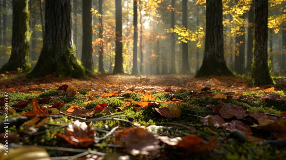 Serene autumn forest with golden leaves on a mossy forest floor Serene autumn forest with golden leaves on a mossy forest floor