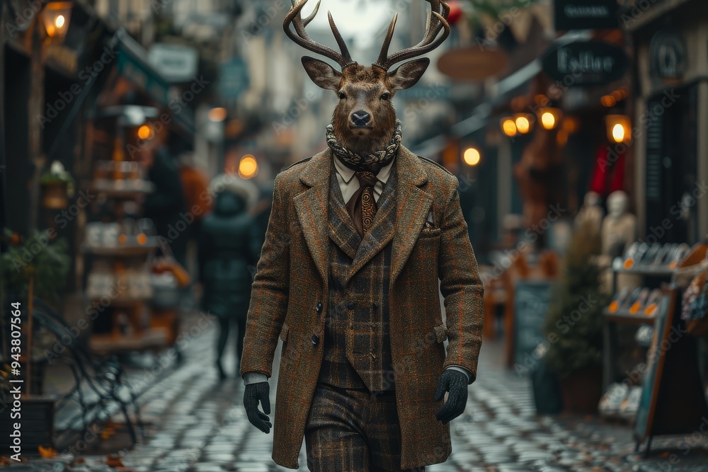 A man wearing a deer head as a mask is casually walking down a city street A man wearing a deer head as a mask is casually walking down a city street