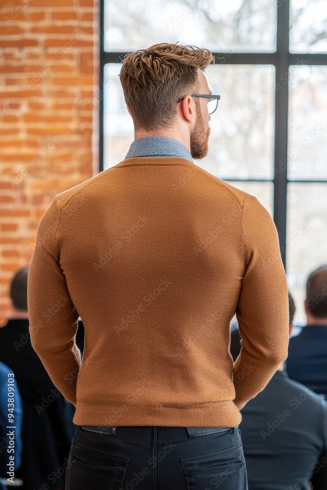 Fototapeta premium A young professional stands with his back to the camera, engaged in a meeting with others in a modern office environment.