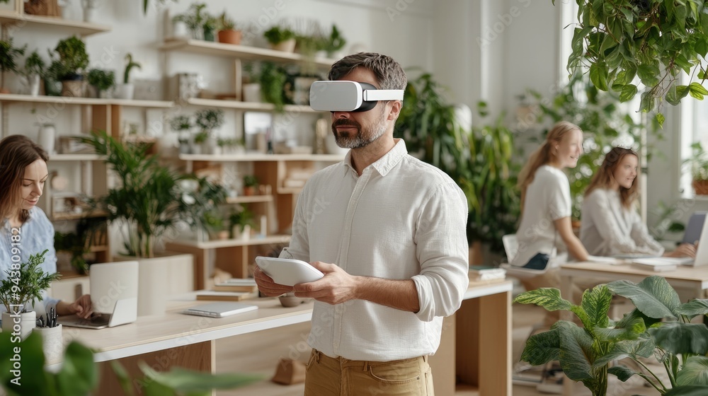 In a contemporary office space, a man wears a VR headset, deeply engaged in a virtual experience, surrounded by focused colleagues working on various tasks In a contemporary office space, a man wears a VR headset, deeply engaged in a virtual experience, surrounded by focused colleagues working on various tasks