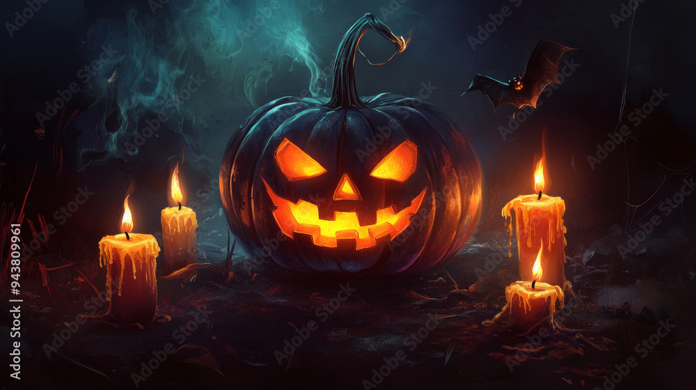 A ghostly jack-o'-lantern with bright, glowing eyes and a wicked smile glows eerily against a dark background. A ghostly jack-o'-lantern with bright, glowing eyes and a wicked smile glows eerily against a dark background.