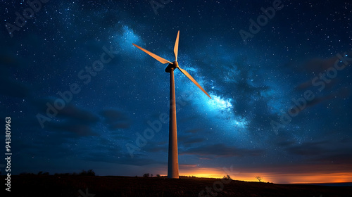 A wind turbine silhouetted ...