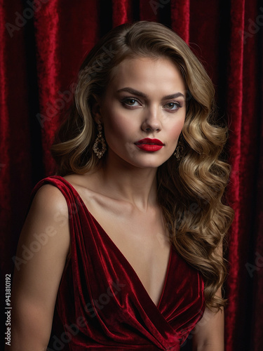 A young woman in a red evening gown, posing dramatically against a luxurious velvet backdrop.