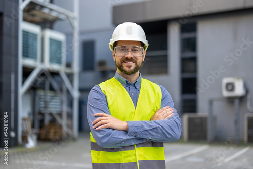 Fotografía Confident construction worker wearing safety vest and helmet smiling while stand
