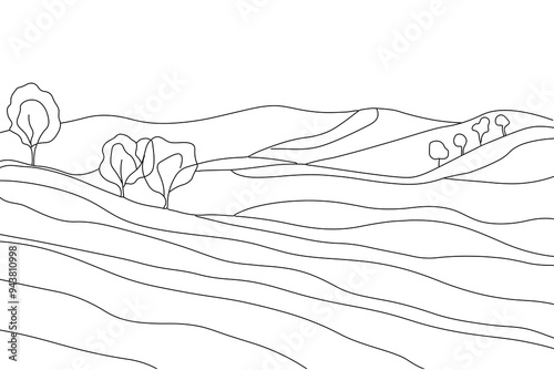 Single continuous line art valley landscape. Outdoors garden landscape design one sketch outline drawing vector illustration