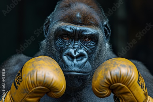 Close-up of a powerful gorilla dressed in boxing gear, wearing boxing gloves and focused