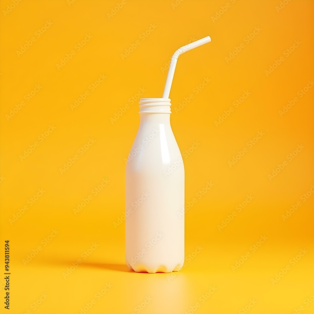 White Bottle with Straw on Yellow Background White Bottle with Straw on Yellow Background
