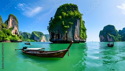 A panoramic view of the Andaman Sea with the iconic limestone cliffs of Phang Nga Bay. Traditional long-tail boats  island country