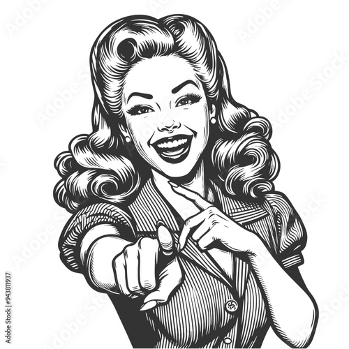 cheerful woman with curled hair laughing and pointing her finger directly at the viewer in playful manner sketch engraving generative ai fictional character vector illustration. Black and white image