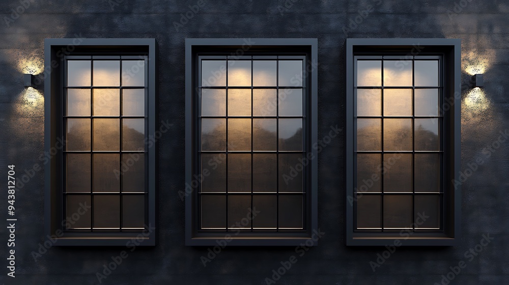 Fototapeta premium Futuristic Urban Chic 3D Illustration of Industrial Steel Framed Windows on Dark Background Vector Design