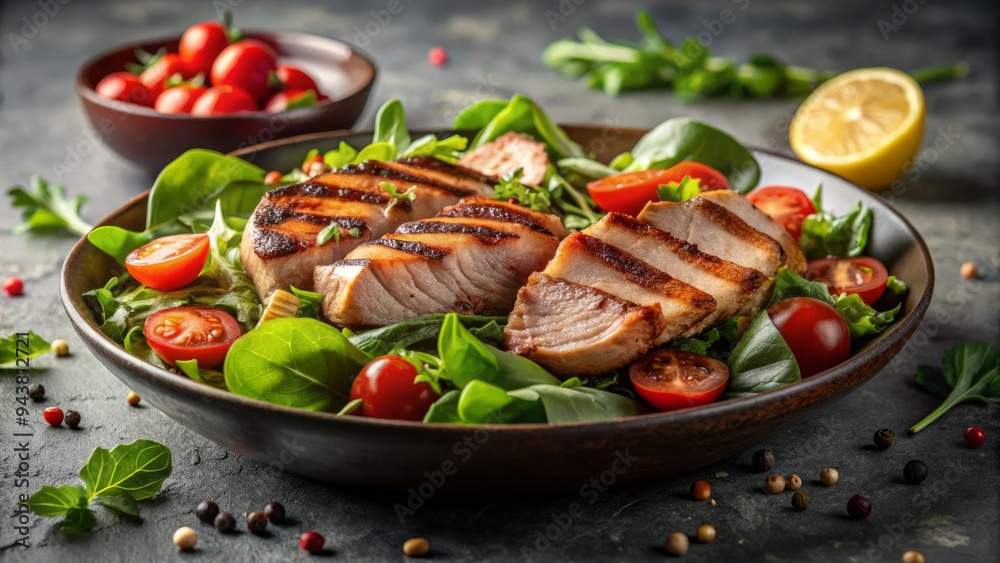 Intense savory aroma wafts from grilled pork salad under soft warm spotlight against muted industrial concrete background with modern minimalist setup. Intense savory aroma wafts from grilled pork salad under soft warm spotlight against muted industrial concrete background with modern minimalist setup.