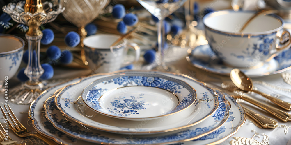 A table set for a meal with a flower vase on it with white and blue background A table set for a meal with a flower vase on it with white and blue background