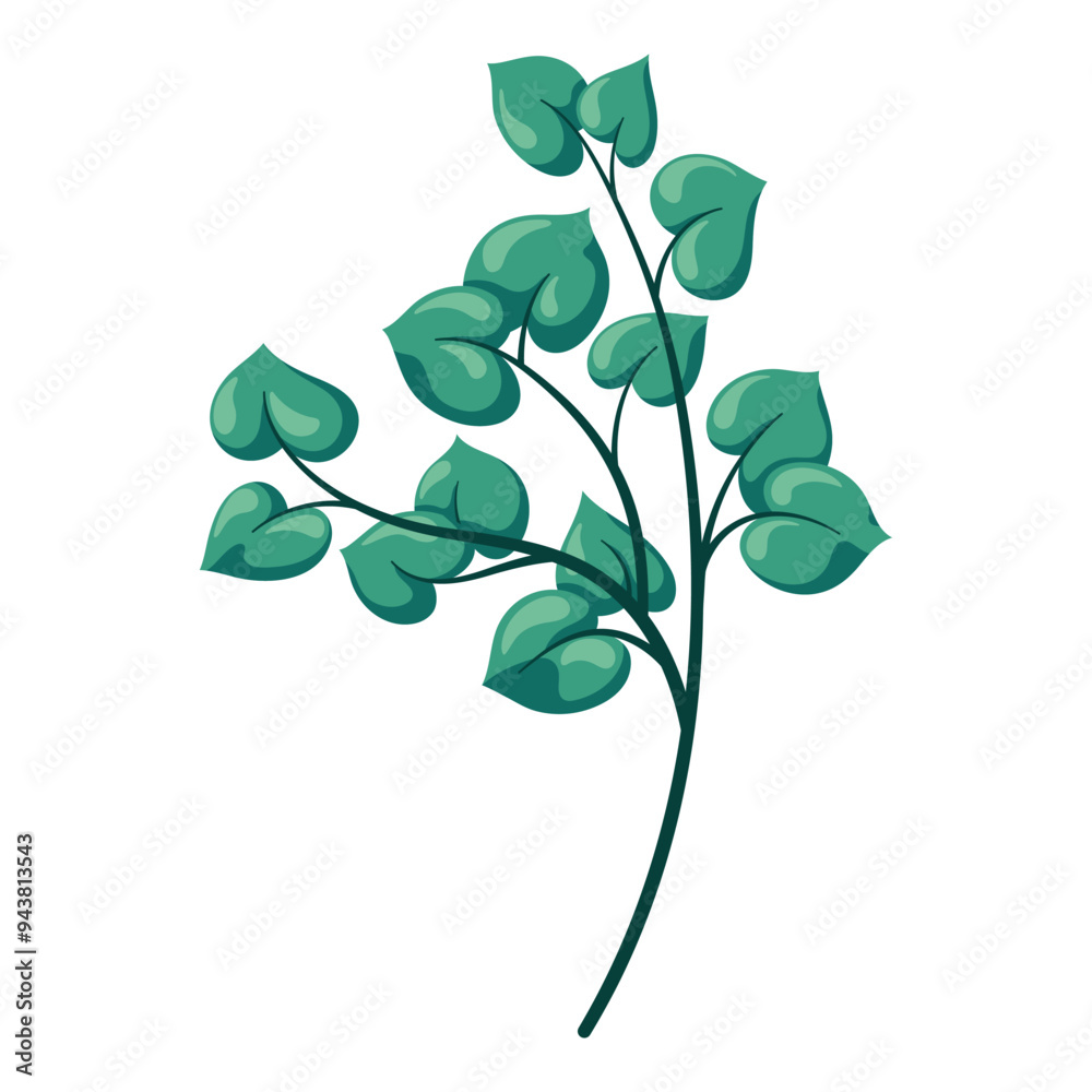 Obraz premium Green linden twig with leaves. Cartoon flat illustration