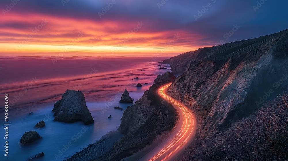 Fototapeta premium A red light trail following a path between rugged cliffs and the ocean during a breathtaking sunrise.