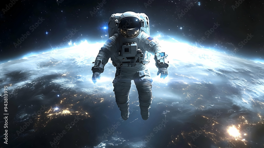 An astronaut floats in space above a glowing earth. An astronaut floats in space above a glowing earth.