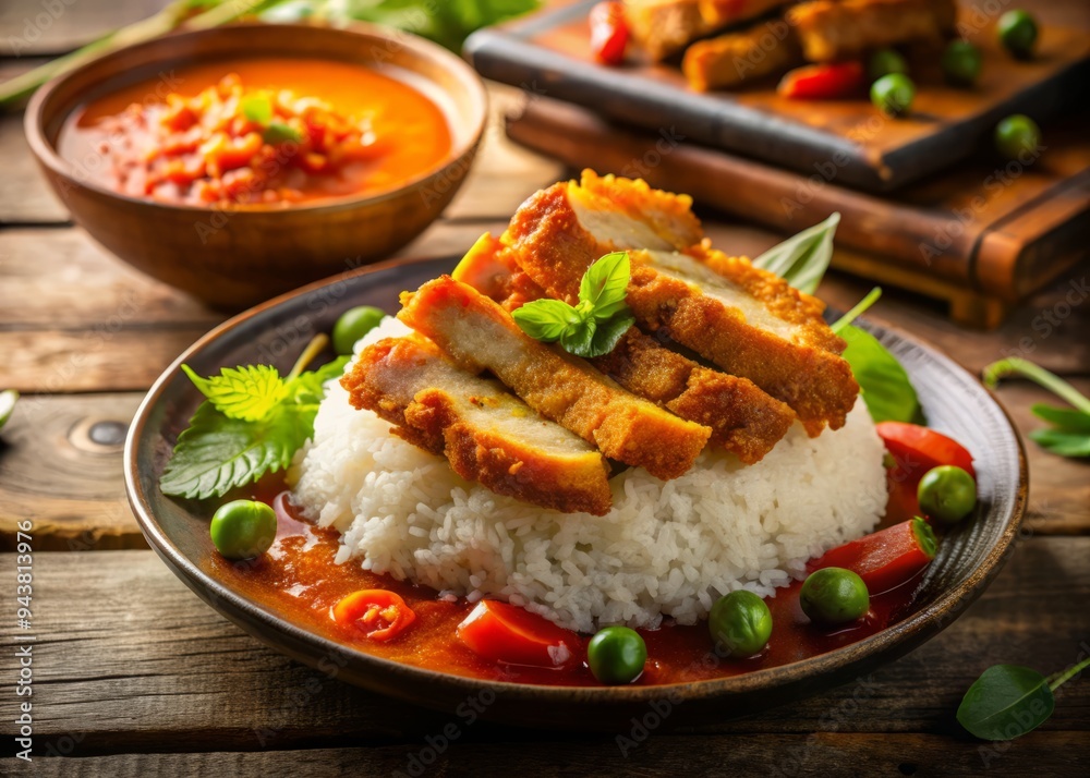Golden hour side lighting crispy fried pork belly strips on top rich red curry sauce fluffy steamed jasmine rice calm warm evening comfort food scene Golden hour side lighting crispy fried pork belly strips on top rich red curry sauce fluffy steamed jasmine rice calm warm evening comfort food scene