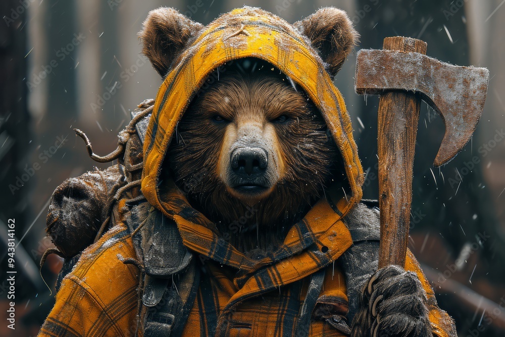 A robust brown bear clad in a yellow jacket, wielding an axe A robust brown bear clad in a yellow jacket, wielding an axe