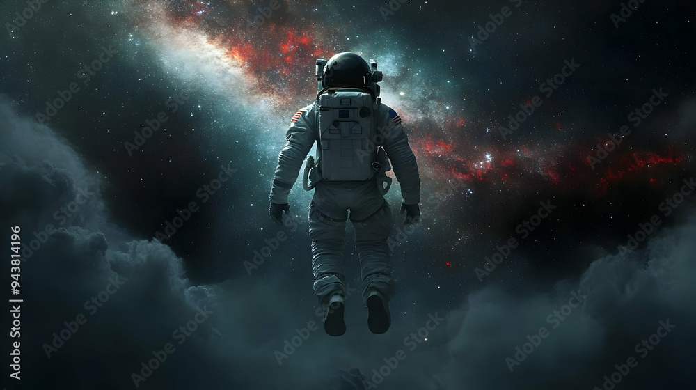 An astronaut floats in space against a backdrop of stars and clouds. An astronaut floats in space against a backdrop of stars and clouds.