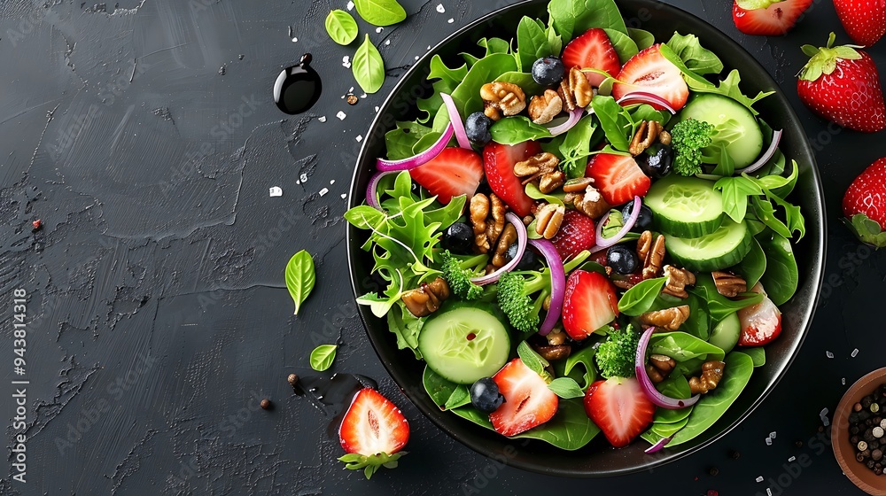 A beautifully arranged salad with fresh greens, strawberries, blueberries, nuts, and balsamic reduction, placed in a dark bowl on a dark background, emphasizing the contrast and vibrant colors, A beautifully arranged salad with fresh greens, strawberries, blueberries, nuts, and balsamic reduction, placed in a dark bowl on a dark background, emphasizing the contrast and vibrant colors,