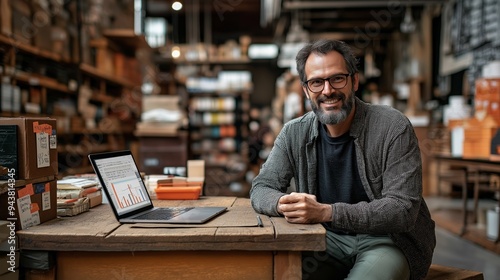 Smiling man sitting at a desk with a laptop in a rustic store, surrounded by boxes and inventory.