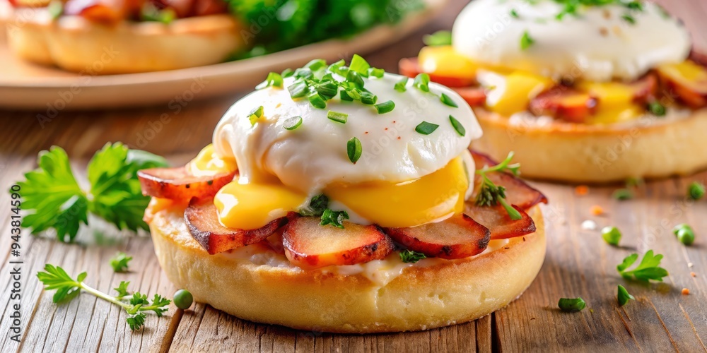 Bright airy morning light gouda cheese shavings and crispy ham on toasted english muffin with runny poached eggs and sprinkle of chopped parsley