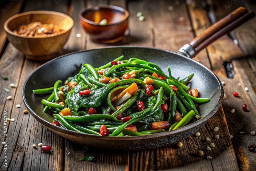 rustic earthy tones of wok-seared morning glory glisten with savory oil droplets bold contrasting lighting emphasizing crispy edges composition echoing stir-fry motion