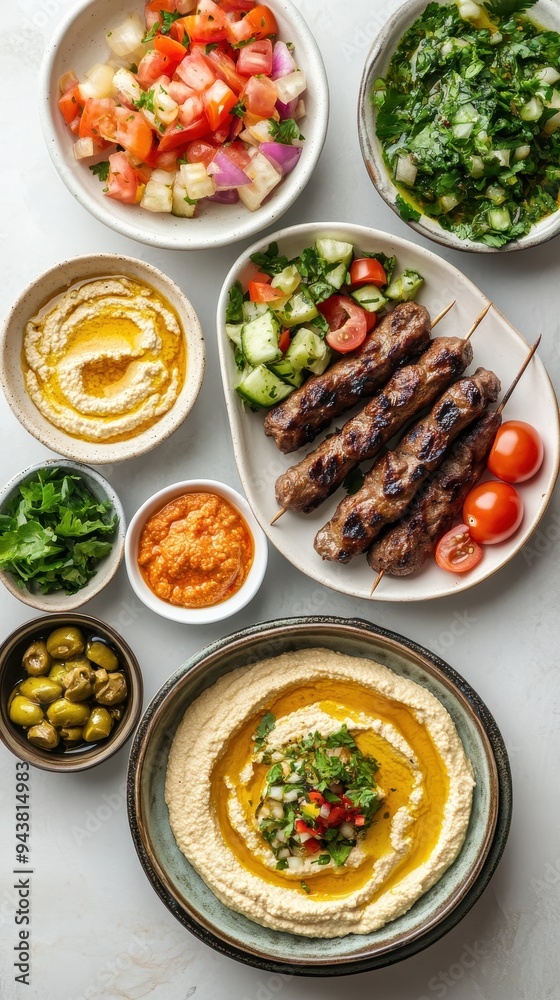 A colorful array of traditional Arabic dishes including grilled kebabs, hummus, fresh salads, and various dips arranged beautifully A colorful array of traditional Arabic dishes including grilled kebabs, hummus, fresh salads, and various dips arranged beautifully