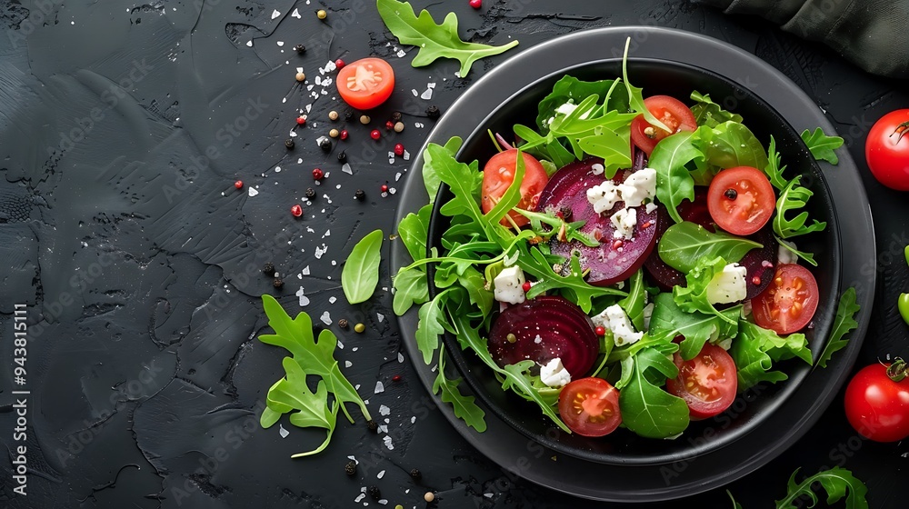 A beautifully arranged salad with roasted beets, goat cheese, and arugula, placed in a dark bowl on a dark background, emphasizing the contrast and vibrant colors, A beautifully arranged salad with roasted beets, goat cheese, and arugula, placed in a dark bowl on a dark background, emphasizing the contrast and vibrant colors,