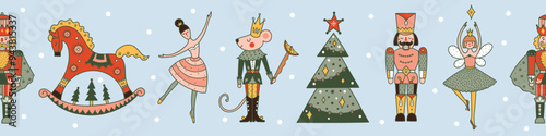 Nutcracker. Cute Christmas gorizontal border. Christmas colorful motifs.