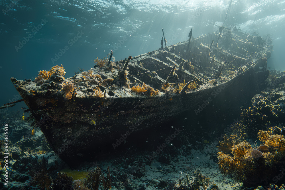A hauntingly beautiful shipwreck rests on the ocean floor, an underwater treasure teeming with life and stories untold. A hauntingly beautiful shipwreck rests on the ocean floor, an underwater treasure teeming with life and stories untold.