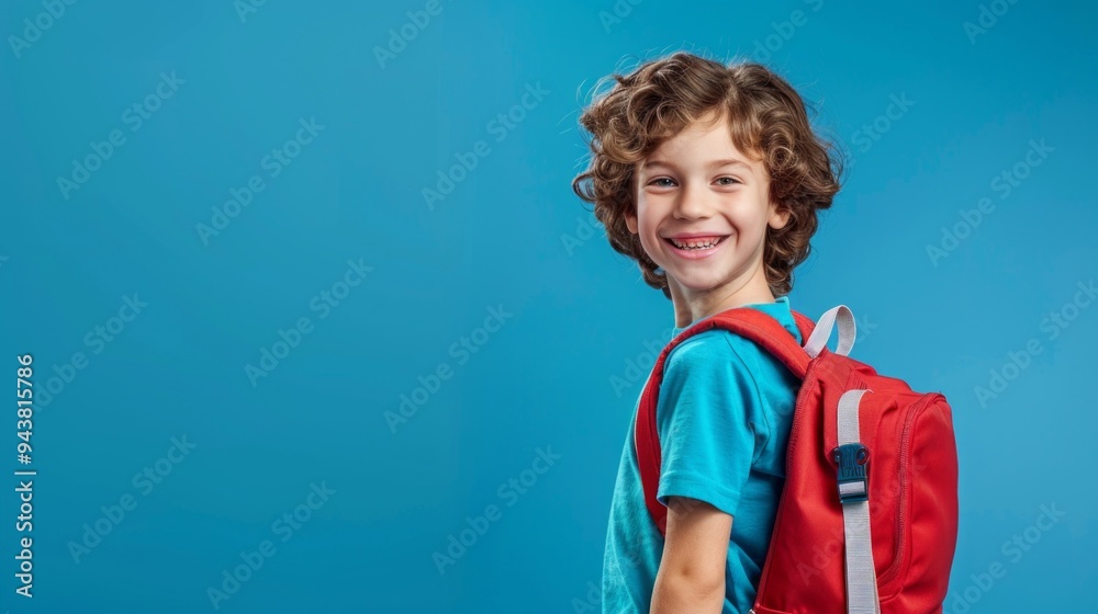 A young boy wearing a blue shirt and red backpack is smiling A young boy wearing a blue shirt and red backpack is smiling