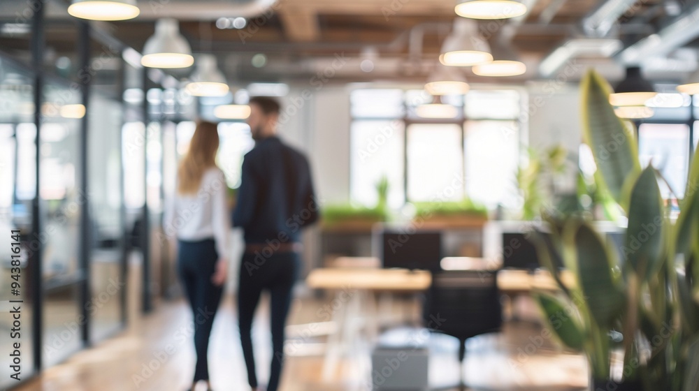 Modern open office space with blurred figures in foreground, showcasing contemporary workspace design with natural light and plants for a productive atmosphere. Modern open office space with blurred figures in foreground, showcasing contemporary workspace design with natural light and plants for a productive atmosphere.
