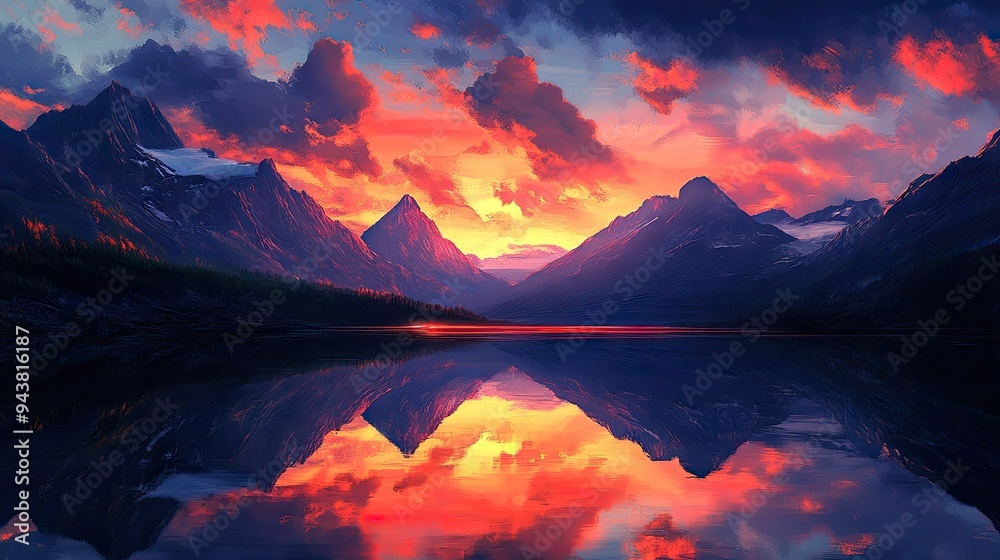 A breathtaking sunset over mountains, with a lake reflecting the vibrant colors of the sky and the peaks. A breathtaking sunset over mountains, with a lake reflecting the vibrant colors of the sky and the peaks.