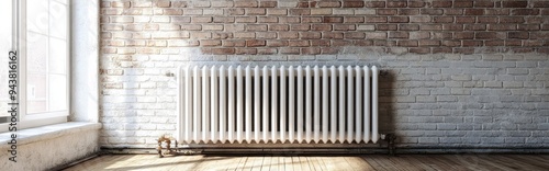 3D rendering of an old white iron radiator for central heating against a brick wall in a chilly room