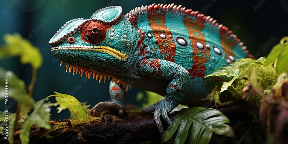 Fototapeta premium Vibrant Chameleon on Branch in Tropical Rainforest