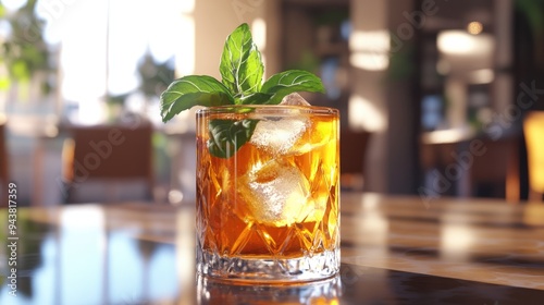 3D rendering of an iced tea cocktail with mint and ice in a glass on a table in a restaurant setting photo