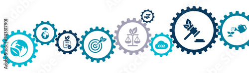 International Environmental Law banner vector illustration with the icons of climate change, environmental justice, regulation, sustainability, corporate, industry, protection on white background.
