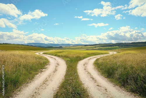 A peaceful crossroads invites travelers to choose their path amid fields of gold and a vast, vibrant sky filled with clouds.