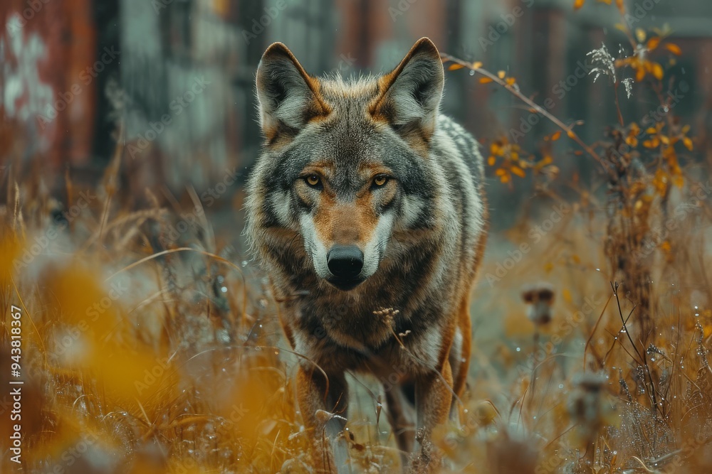 A wolf traversing through a field filled with tall grass A wolf traversing through a field filled with tall grass